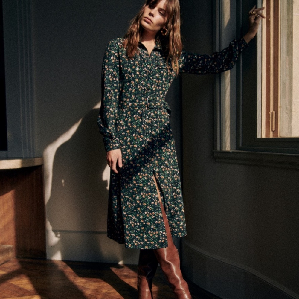 Sezane Forest Green Floral Long-Sleeve Midi Dress